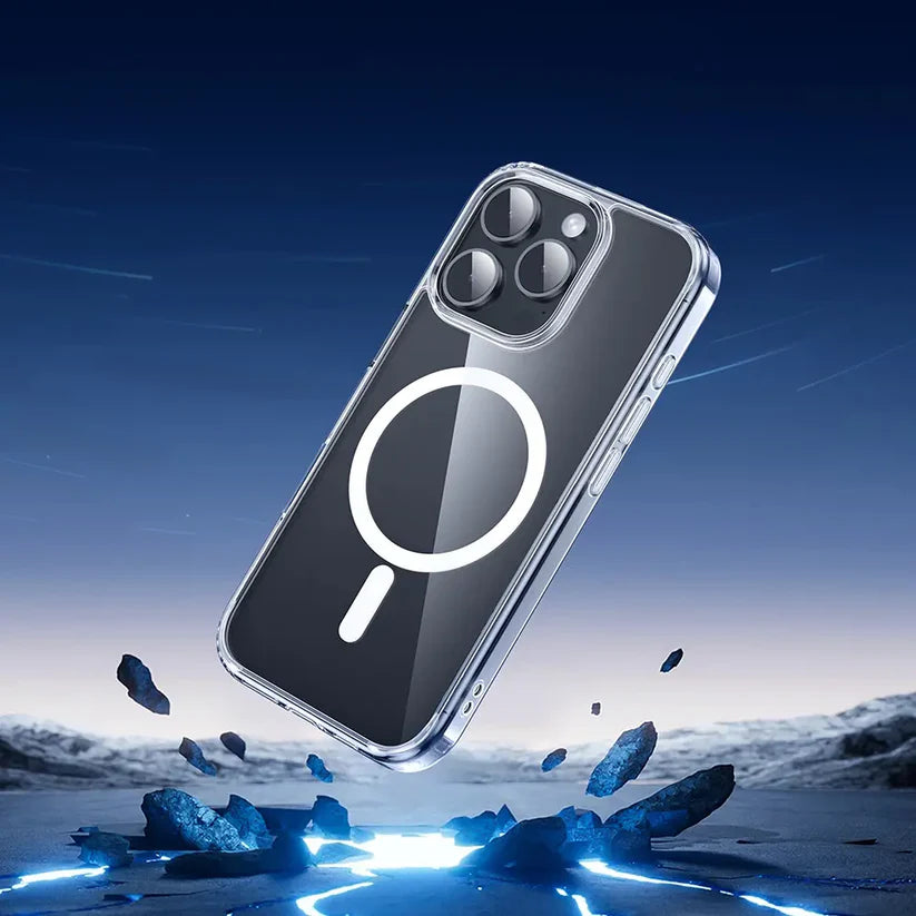 כיסוי לאייפון 16 פרו מקס עם מגנט מובנה לטעינה אלחוטית, הגנה מקצועית מפני נפילות, שקוף