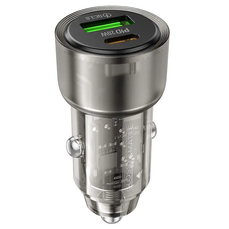 ראש מטען מהיר לרכב, 2 יציאות (USB-C+USB-A), עיצוב שקוף