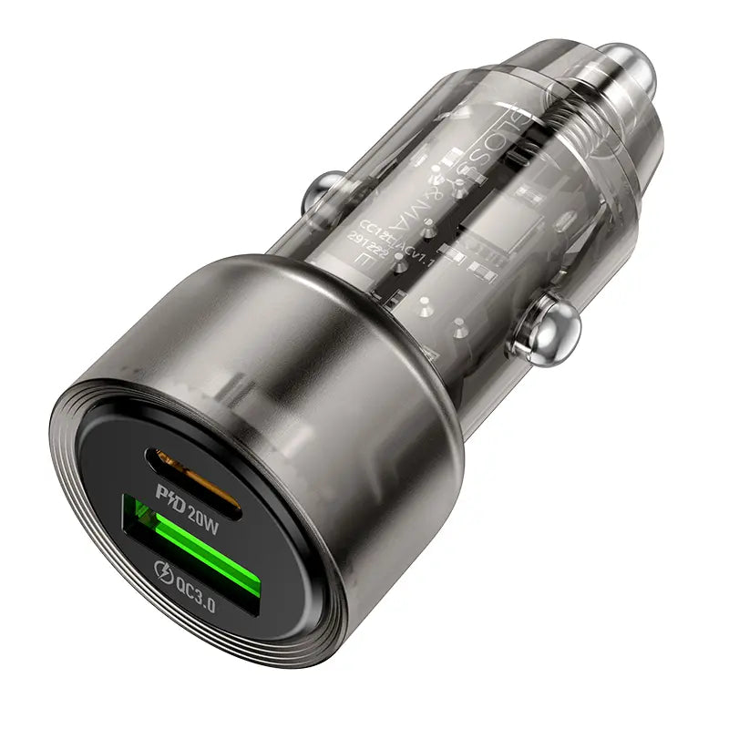 ראש מטען מהיר לרכב, 2 יציאות (USB-C+USB-A), עיצוב שקוף