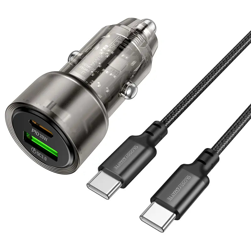 סט מטען מהיר לרכב הכולל ראש טעינה USB-C+USB-A וכבל טעינה USB-C ל-USB-C, עיצוב שקוף