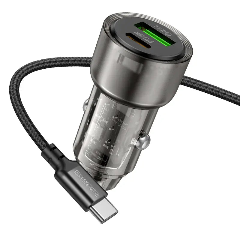 סט מטען מהיר לרכב הכולל ראש טעינה USB-C+USB-A וכבל טעינה USB-C ל-USB-C, עיצוב שקוף