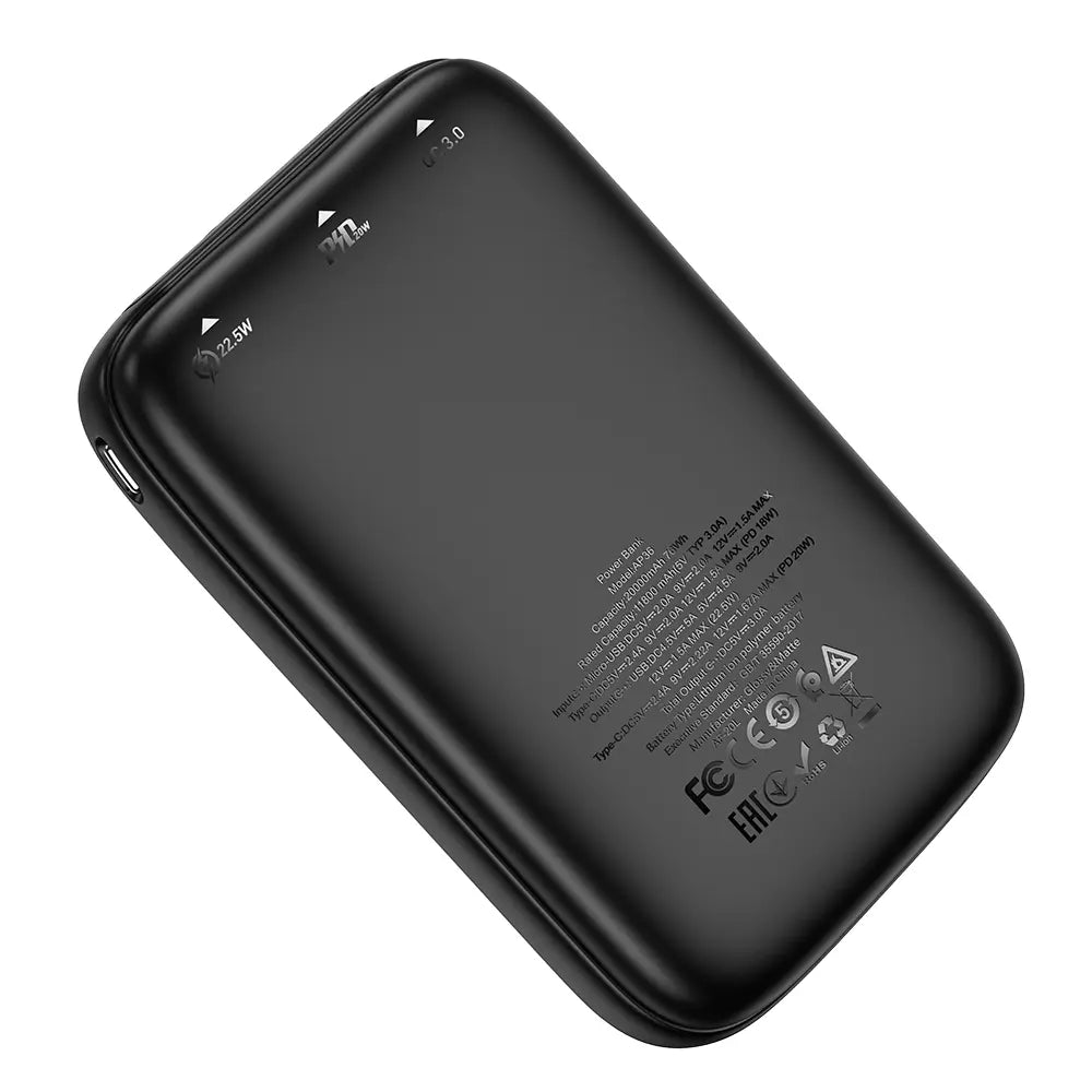 מטען נייד (סוללת גיבוי) 20000mAh לטעינה מהירה PD 22.5W, קומפקטי וקל משקל, שחור