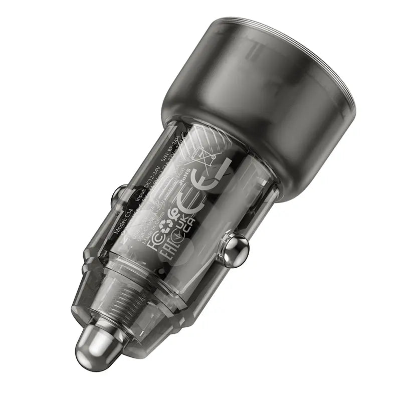 ראש מטען מהיר לרכב, 2 יציאות (USB-C+USB-A), עיצוב שקוף