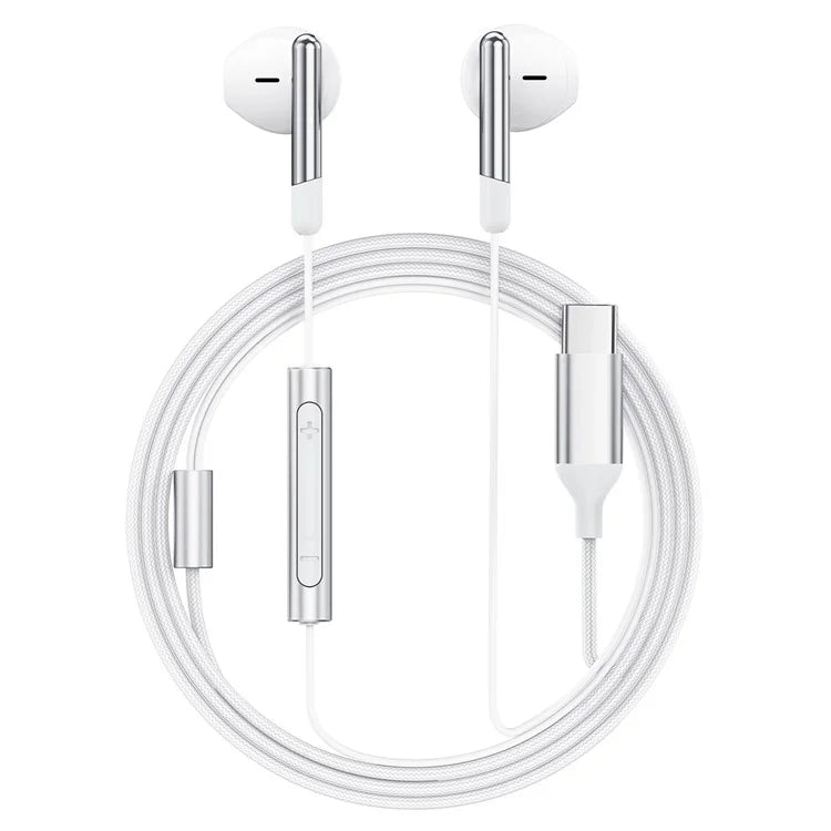 אוזניות חוטיות USB-C עם מיקרופון איכותי, כפתורי שליטה, אורך 1.2 מטר, לבן