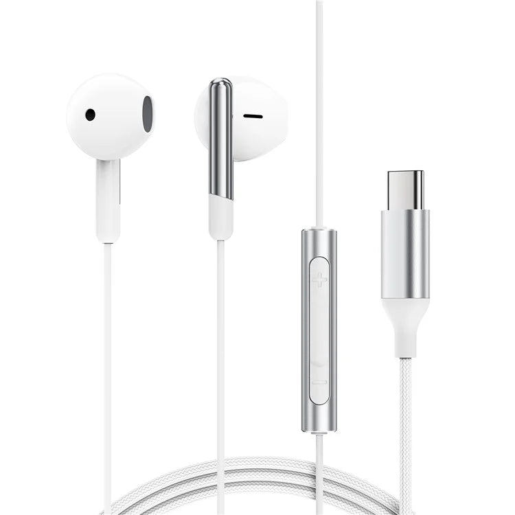 אוזניות חוטיות USB-C עם מיקרופון איכותי, כפתורי שליטה, אורך 1.2 מטר, לבן