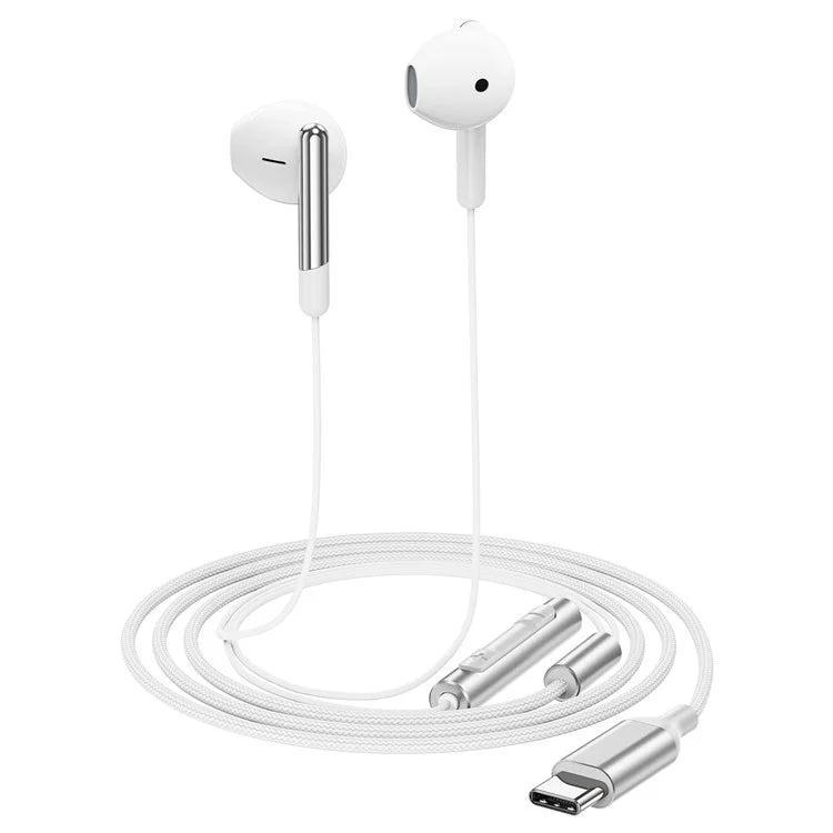 אוזניות חוטיות USB-C עם מיקרופון איכותי, כפתורי שליטה, אורך 1.2 מטר, לבן