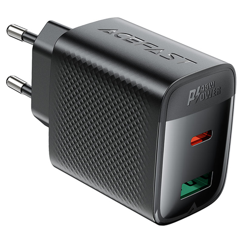 ראש מטען מהיר USB-A + USB-C טעינת PD45W מהירה, שחור