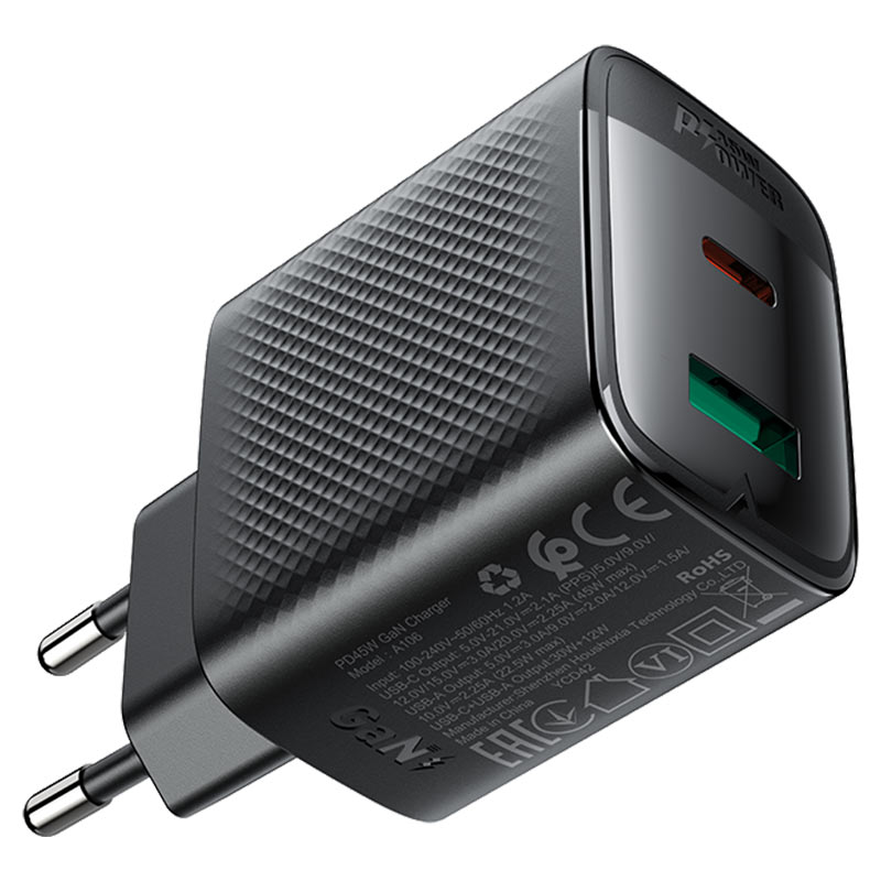 ראש מטען מהיר USB-A + USB-C טעינת PD45W מהירה, שחור