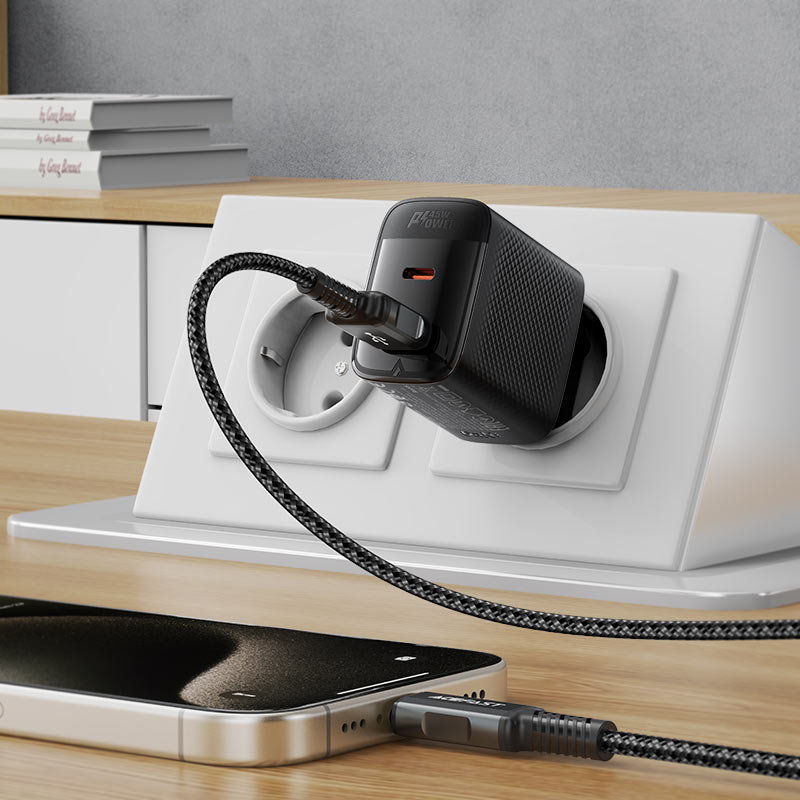 ראש מטען מהיר USB-A + USB-C טעינת PD45W מהירה, שחור