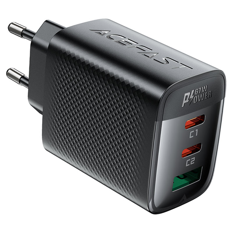 ראש מטען מהיר בעל 2 יציאות USB-C ויציאת USB-A, טעינה מהירה PD45W, שחור