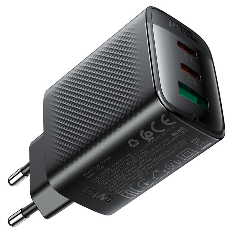 ראש מטען מהיר בעל 2 יציאות USB-C ויציאת USB-A, טעינה מהירה PD45W, שחור