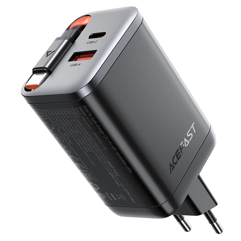 מטען מהיר ייחודי הכולל כבל טעינה USB-C נשלף ויציאות טעינה USB-A ו-USB-C