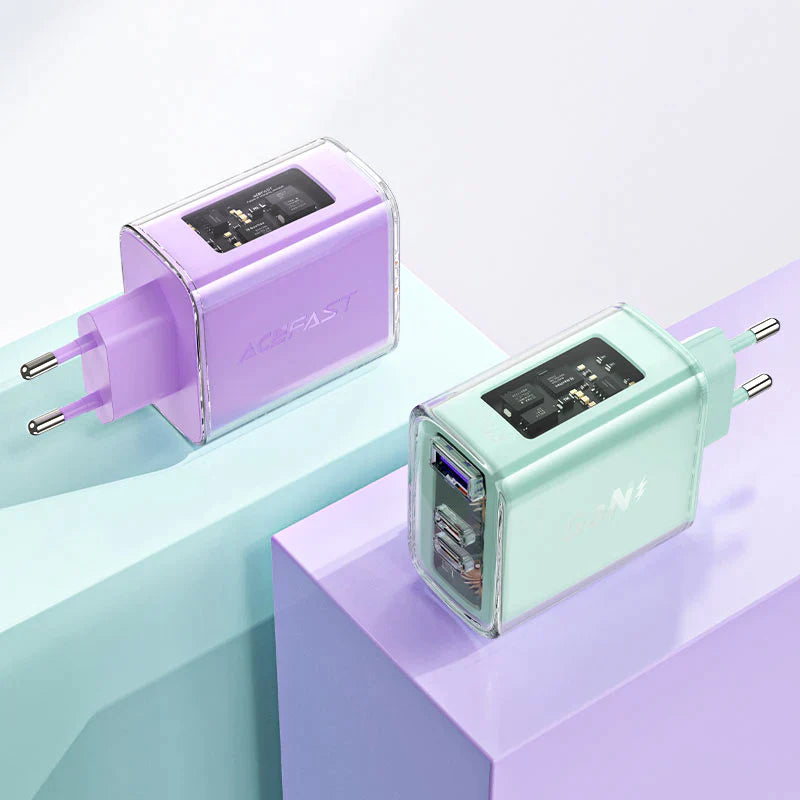 מטען קיר לטלפון, טעינה מהירה 2 כניסות USB-C וכניסת USB-A, סגול