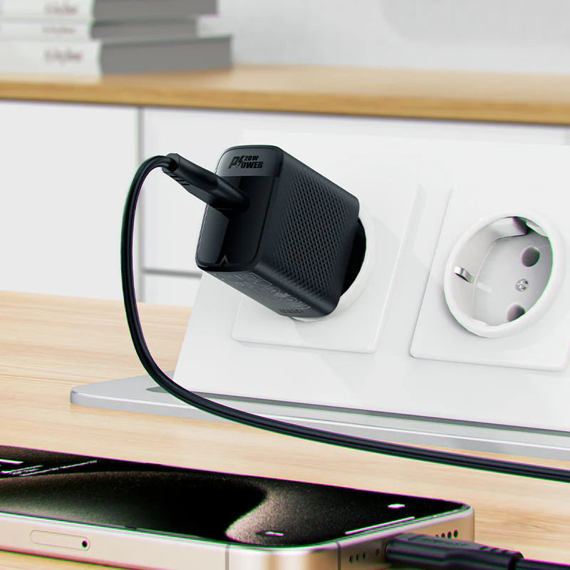 סט טעינה הכולל ראש מטען מהיר USB-C וכבל USB-C, טעינת PD20W מהירה, שחור