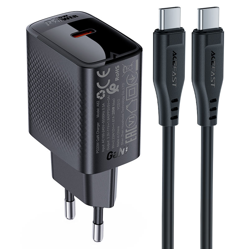 סט טעינה הכולל ראש מטען מהיר USB-C וכבל USB-C, טעינת PD20W מהירה, שחור