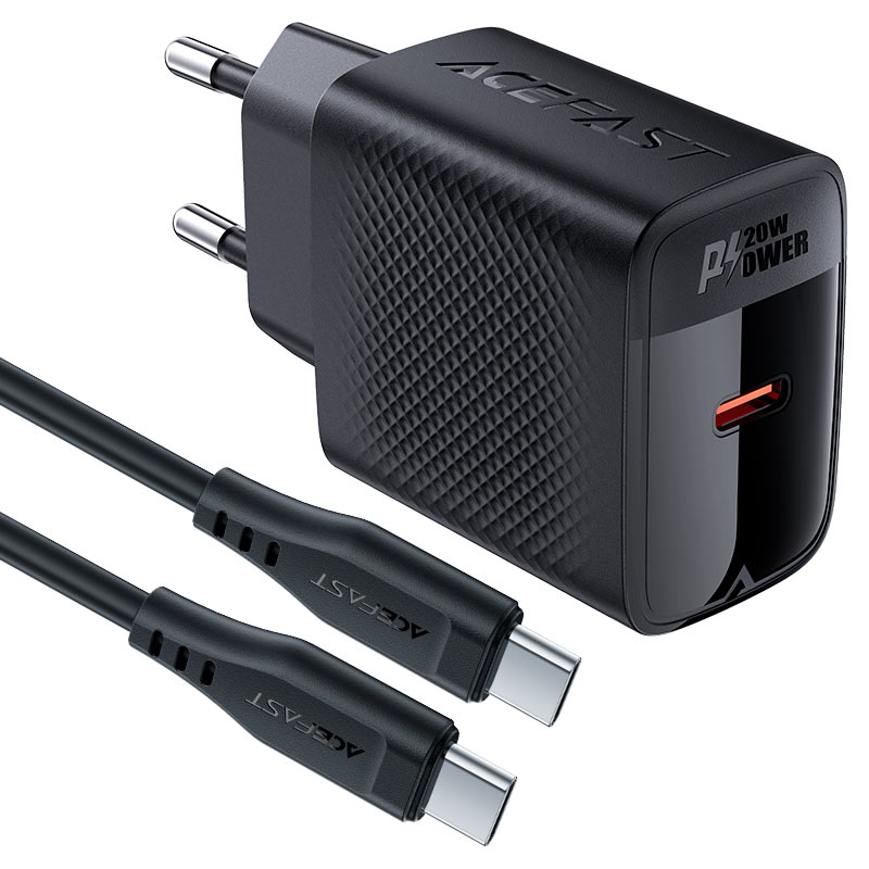 סט טעינה הכולל ראש מטען מהיר USB-C וכבל USB-C, טעינת PD20W מהירה, שחור