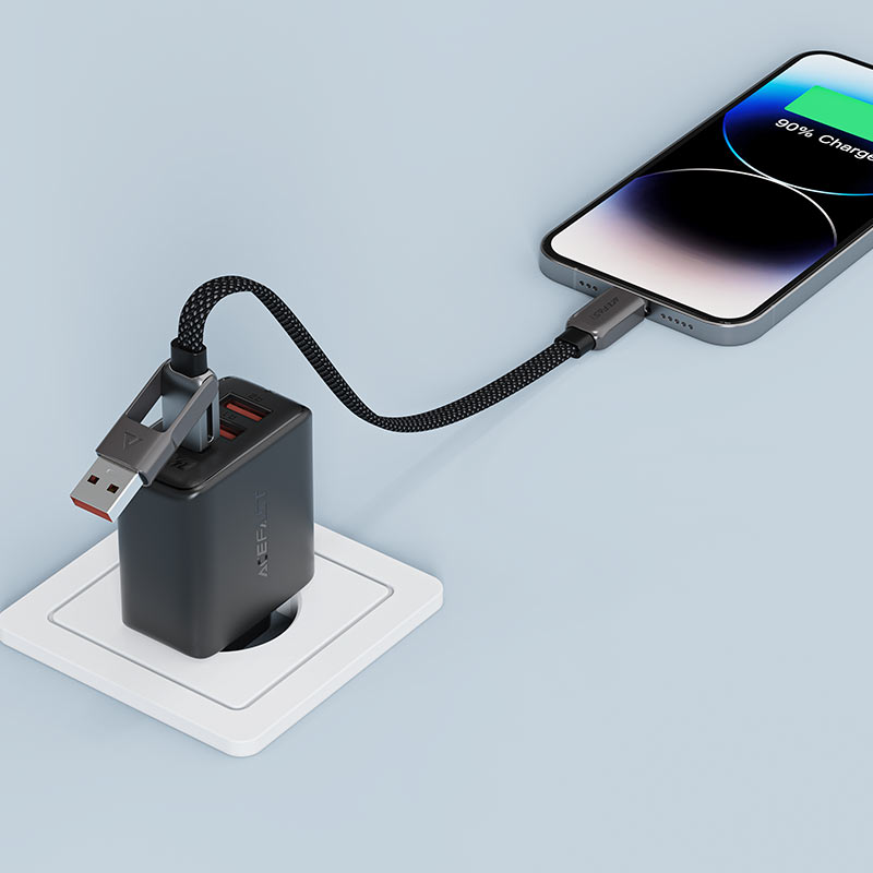 כבל סנכרון וטעינה קצר USB-A ו-USB-C ל-USB-C, עיצוב מתקפל מהפכני, תומך טעינה מהירה, 0.2 מטר