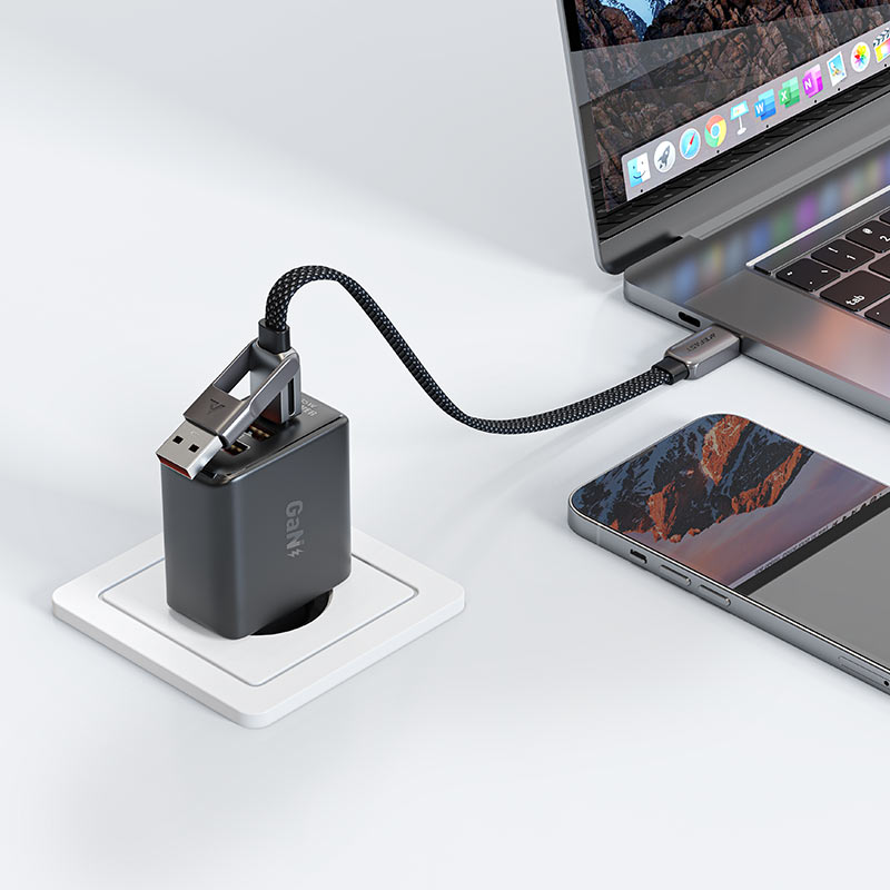כבל סנכרון וטעינה קצר USB-A ו-USB-C ל-USB-C, עיצוב מתקפל מהפכני, תומך טעינה מהירה, 0.2 מטר