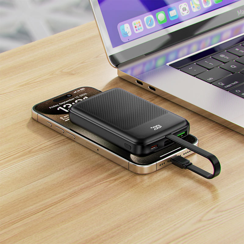 מטען נייד (סוללת גיבוי) 10000mAh לטעינה מהירה PD 22.5W עם כבל טעינה USB-C מובנה, שחור