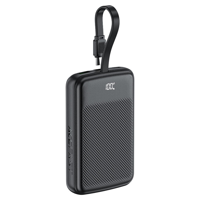 מטען נייד (סוללת גיבוי) 10000mAh לטעינה מהירה PD 22.5W עם כבל טעינה USB-C מובנה, שחור