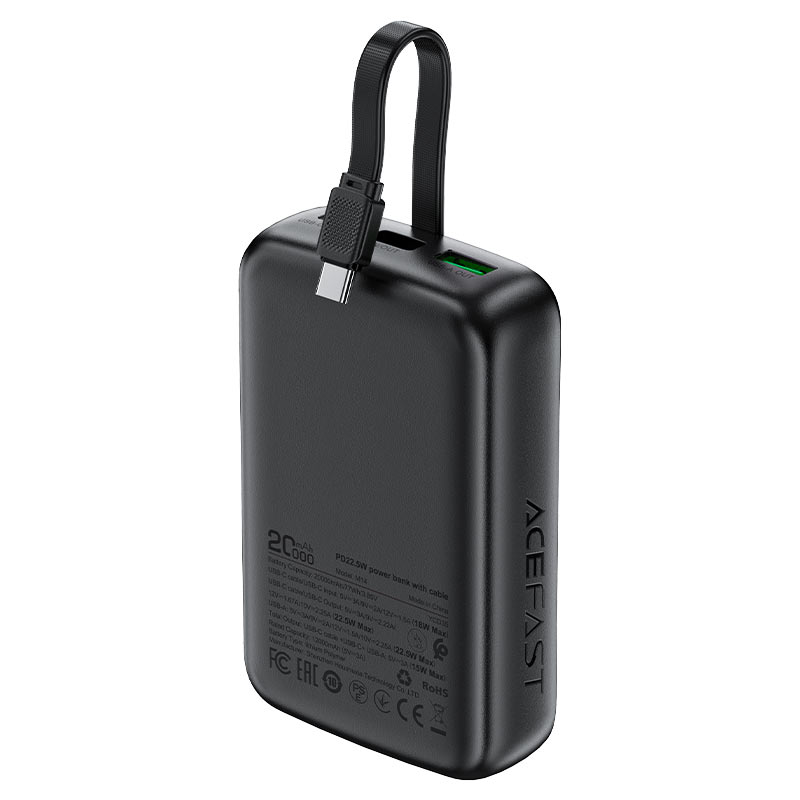 מטען נייד (סוללת גיבוי) 20000mAh לטעינה מהירה PD 22.5W עם כבל טעינה USB-C מובנה, שחור