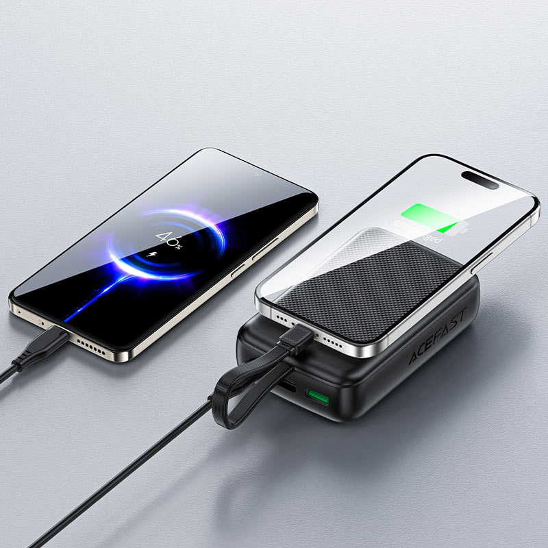 מטען נייד (סוללת גיבוי) 20000mAh לטעינה מהירה PD 22.5W עם כבל טעינה USB-C מובנה, שחור