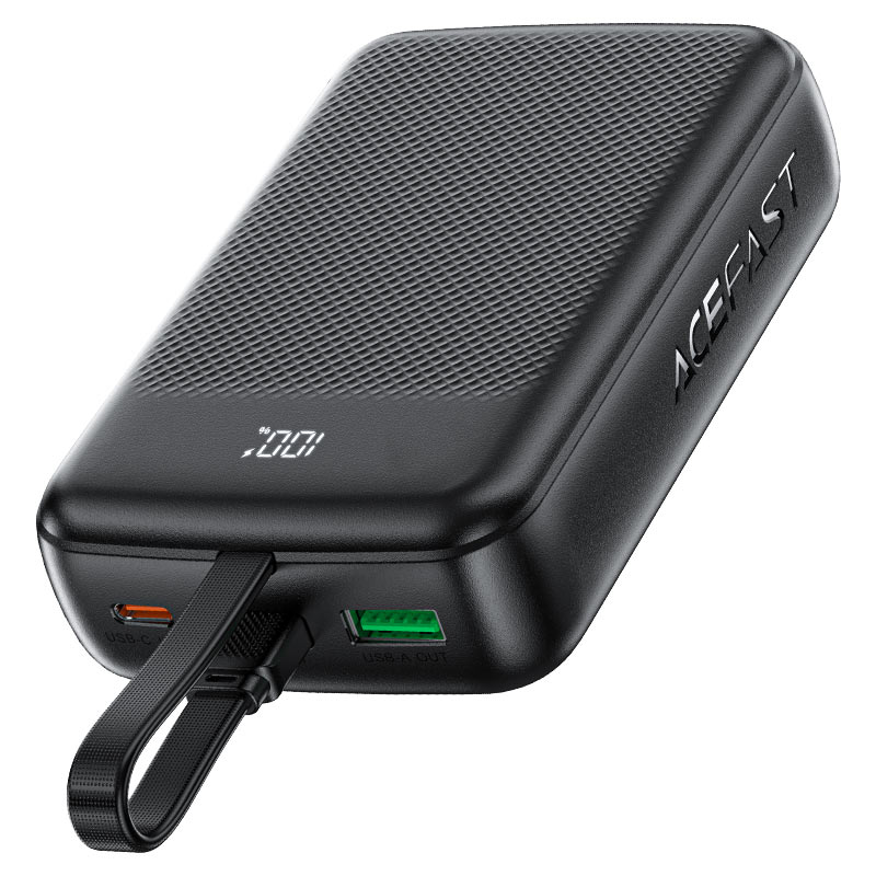 מטען נייד (סוללת גיבוי) 20000mAh לטעינה מהירה PD 22.5W עם כבל טעינה USB-C מובנה, שחור
