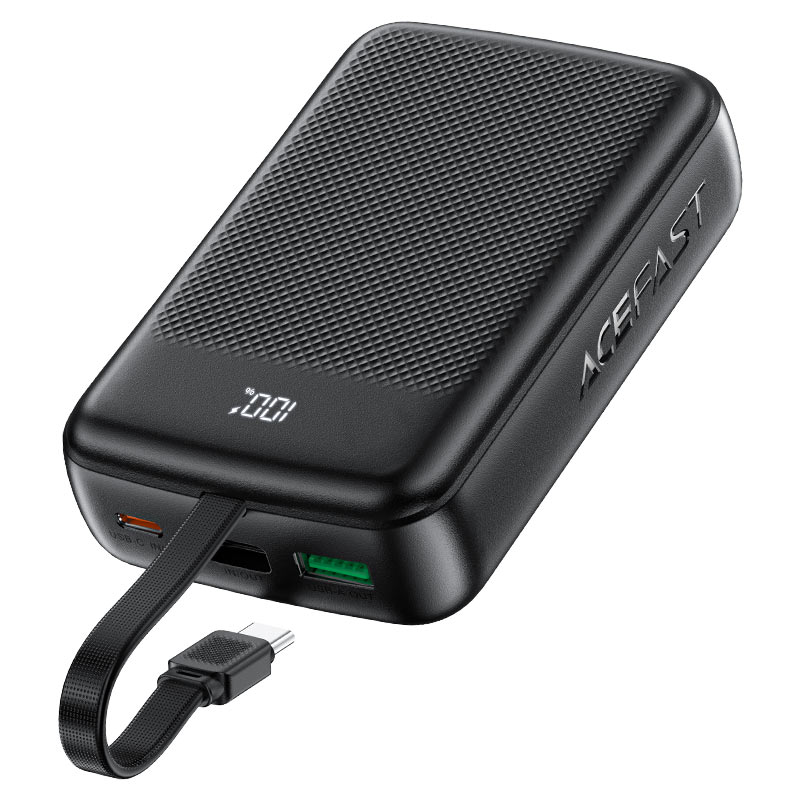 מטען נייד (סוללת גיבוי) 20000mAh לטעינה מהירה PD 22.5W עם כבל טעינה USB-C מובנה, שחור