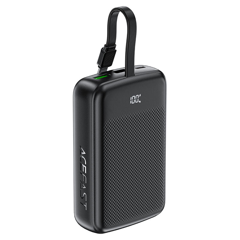 מטען נייד (סוללת גיבוי) 20000mAh לטעינה מהירה PD 22.5W עם כבל טעינה USB-C מובנה, שחור