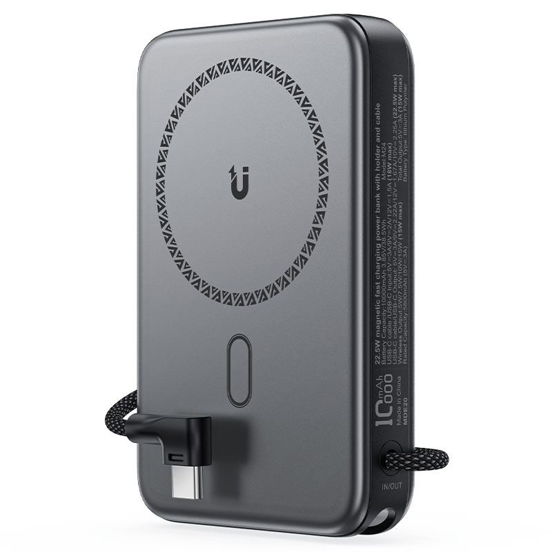 מטען נייד מגנטי (סוללת גיבוי) 10000mAh לטעינה אלחוטית מהירה 22.5W, אפור מטאלי