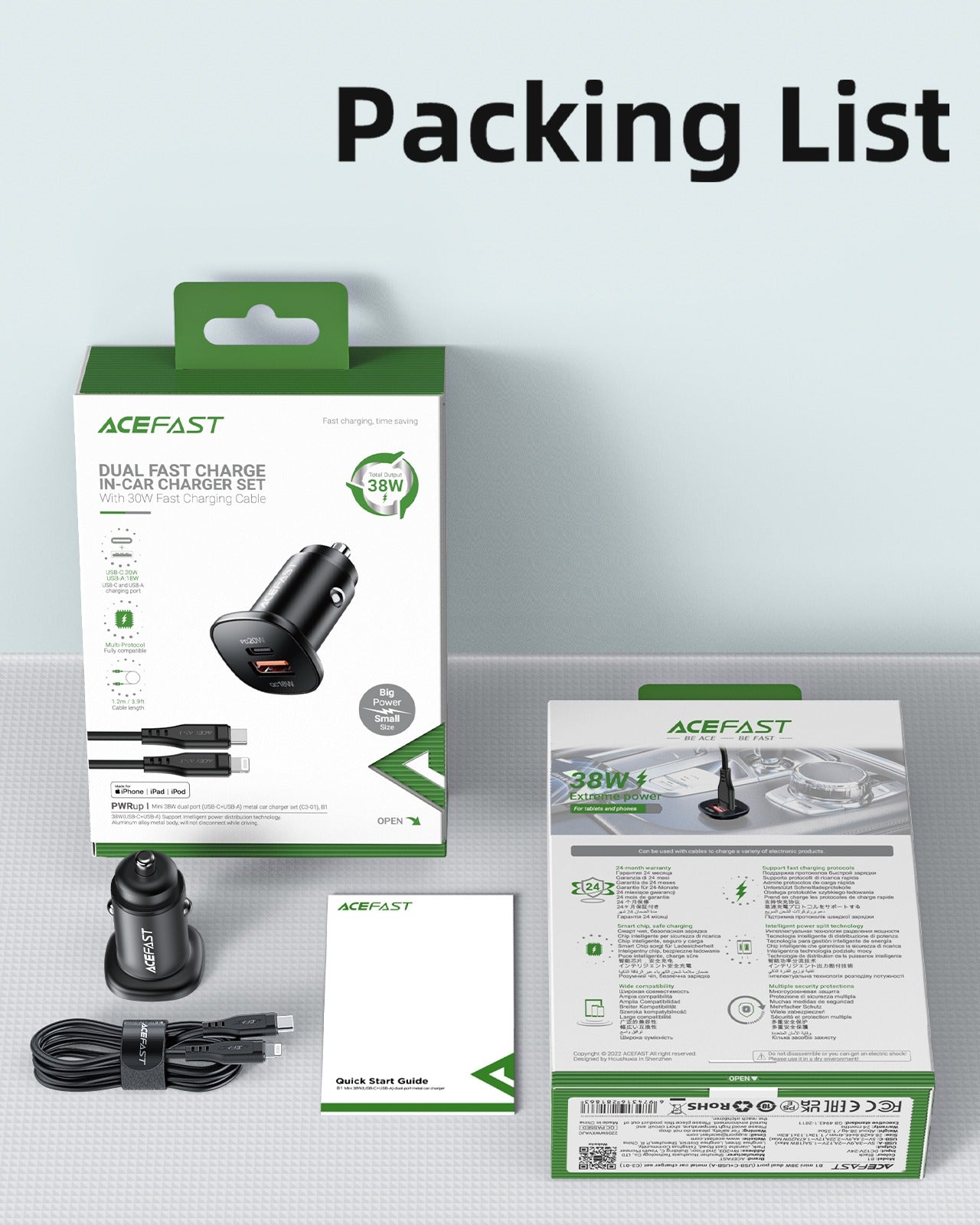 סט מטען מהיר לרכב הכולל ראש טעינה USB-C + USB-A וכבל טעינה USB-C ל-Lightning