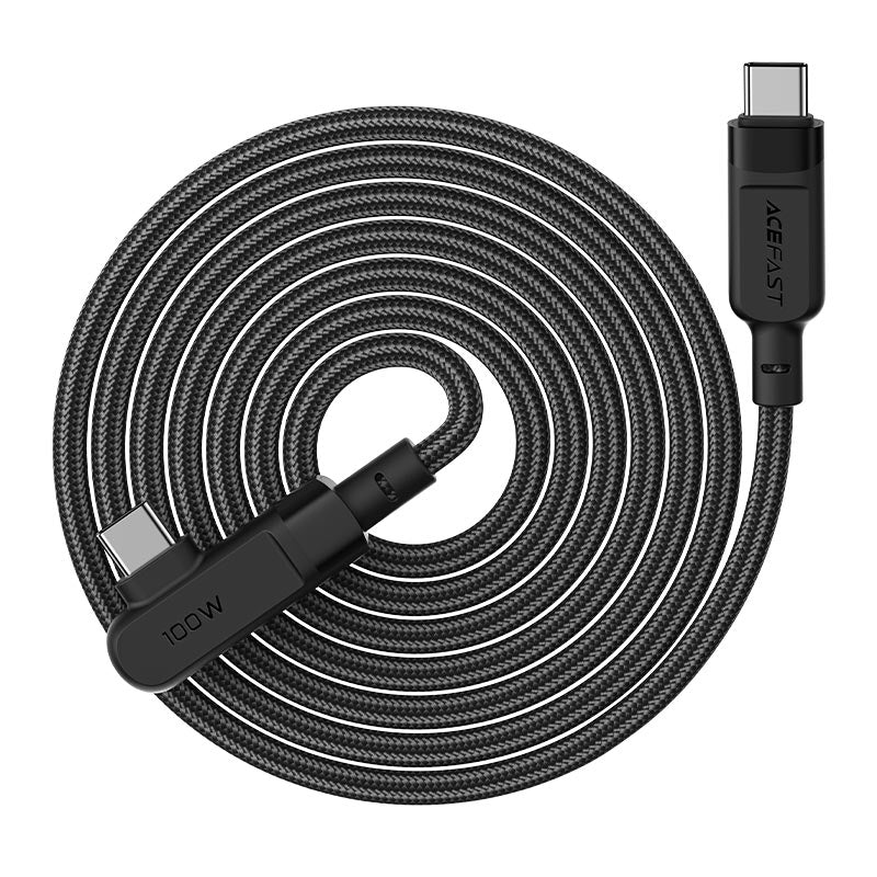 כבל סנכרון וטעינה איכותי USB-C ל-USB-C בזווית 90°, חיפוי קלוע, 2 מטר