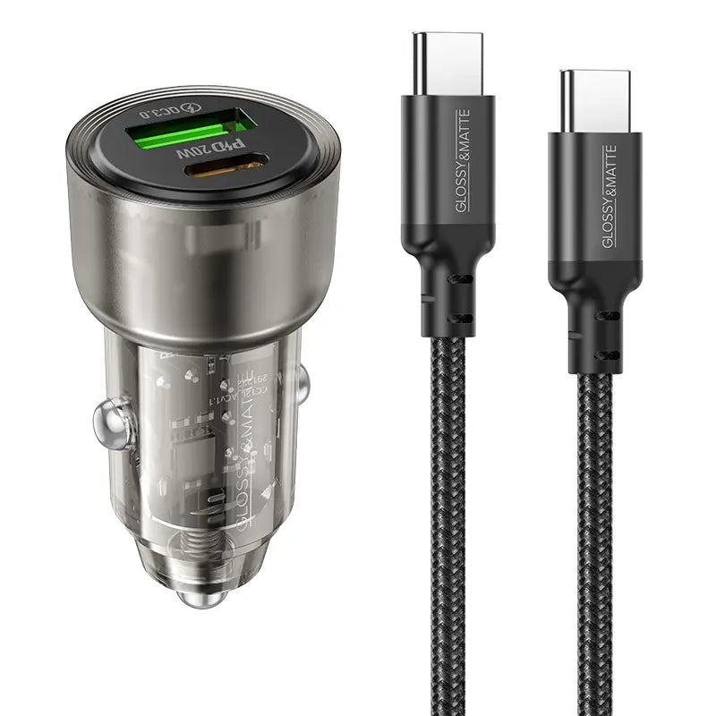 סט מטען מהיר לרכב הכולל ראש טעינה USB-C+USB-A וכבל טעינה USB-C ל-USB-C, עיצוב שקוף