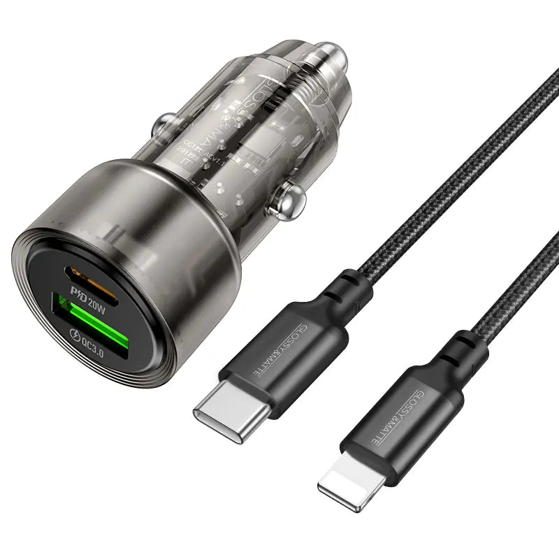 סט מטען מהיר לרכב הכולל ראש טעינה USB-C+USB-A וכבל טעינה USB-C ל-Lightning, עיצוב שקוף