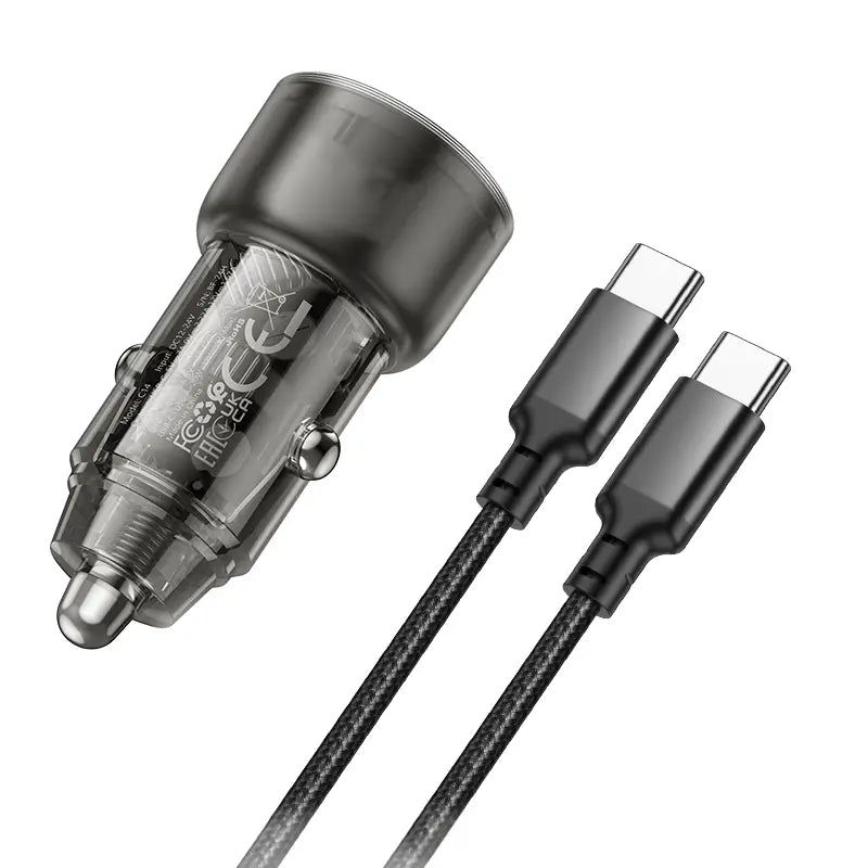 סט מטען מהיר לרכב הכולל ראש טעינה USB-C+USB-A וכבל טעינה USB-C ל-USB-C, עיצוב שקוף