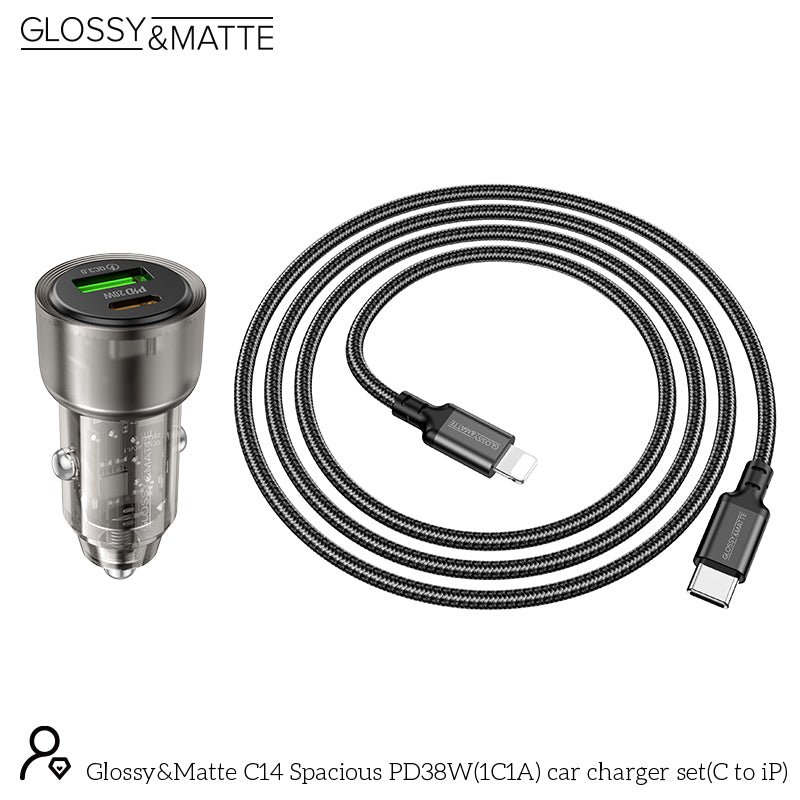 סט מטען מהיר לרכב הכולל ראש טעינה USB-C+USB-A וכבל טעינה USB-C ל-Lightning, עיצוב שקוף