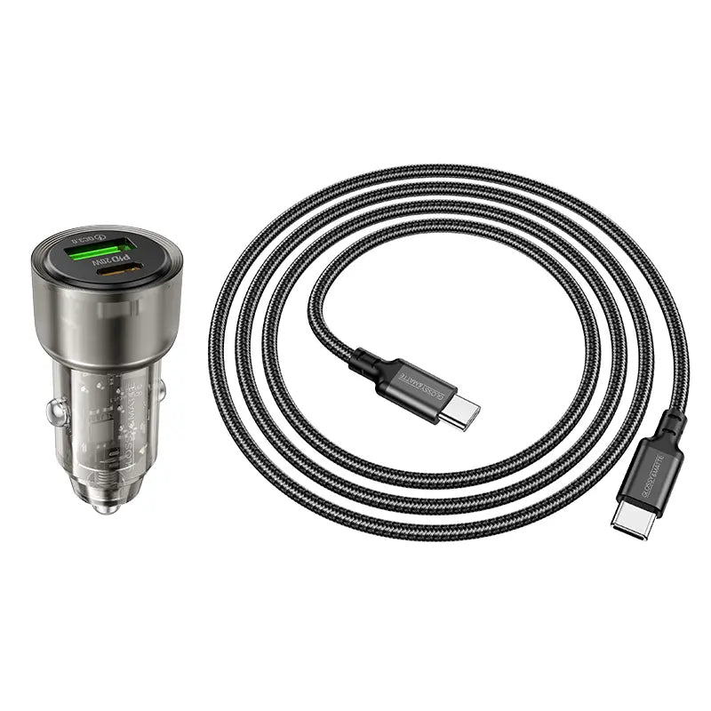סט מטען מהיר לרכב הכולל ראש טעינה USB-C+USB-A וכבל טעינה USB-C ל-USB-C, עיצוב שקוף
