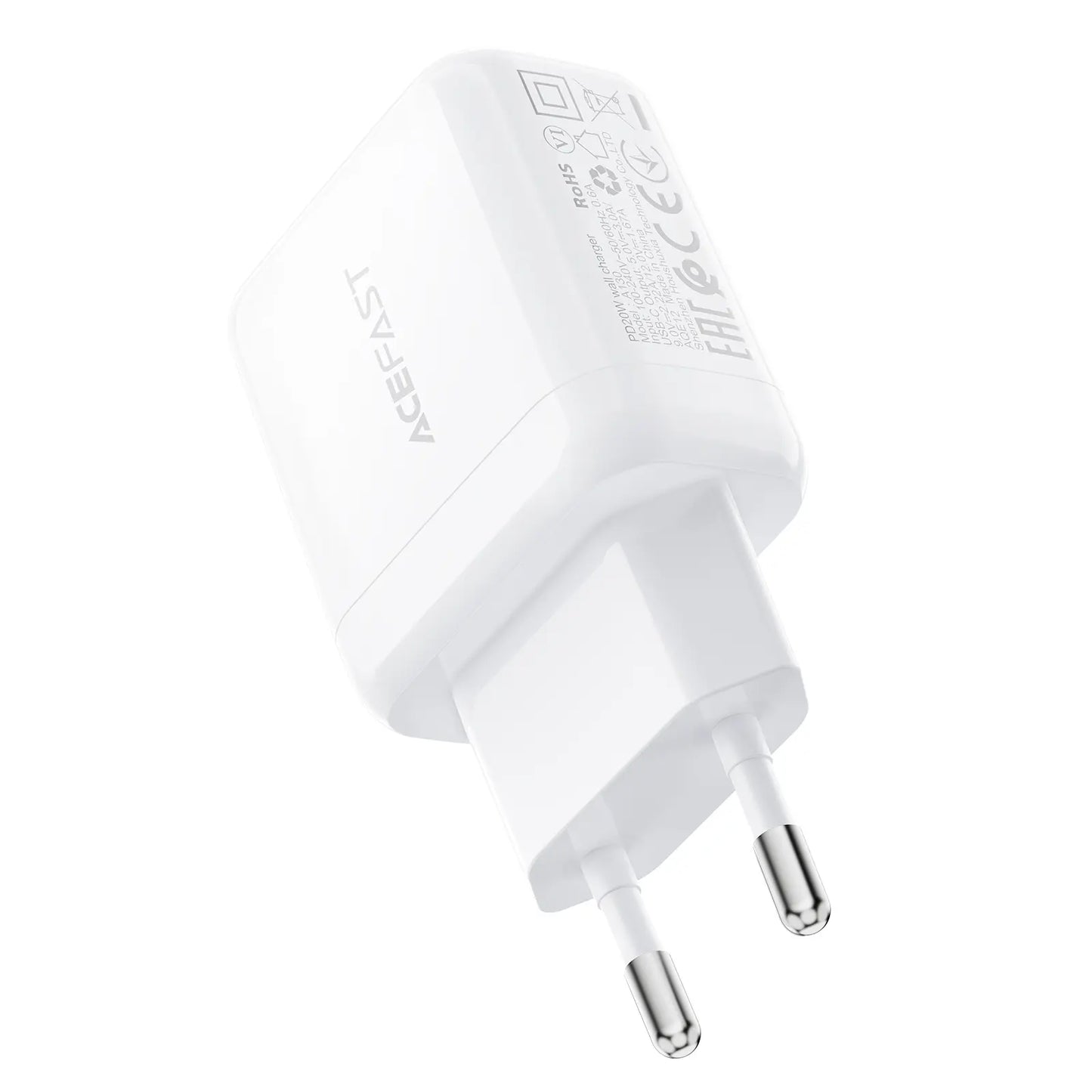 מטען קיר מהיר ACEFAST A130: חיבור  Type-C, טעינה עוצמתית של 20W בעיצוב קומפקטי, לבן
