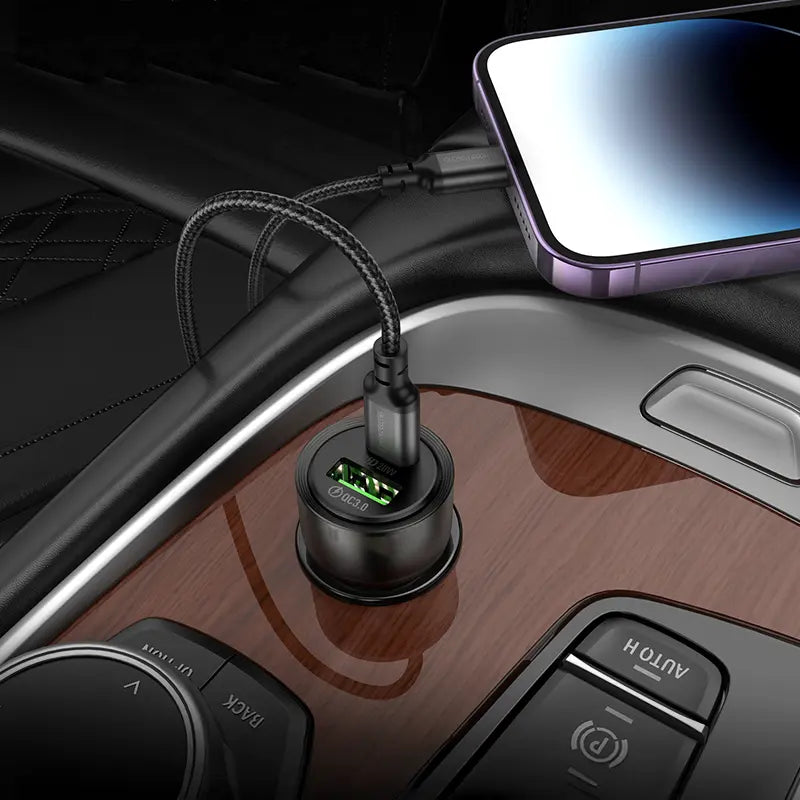 סט מטען מהיר לרכב הכולל ראש טעינה USB-C+USB-A וכבל טעינה USB-C ל-Lightning, עיצוב שקוף
