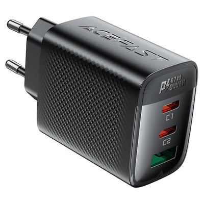ראש מטען מהיר בעל 2 יציאות USB-C ויציאת USB-A, טעינה מהירה PD45W, שחור