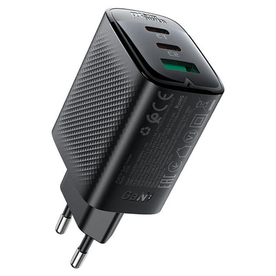 ראש מטען מהיר בעל 2 יציאות USB-C ויציאת USB-A, טעינה מהירה PD45W, שחור