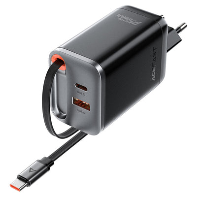 מטען מהיר ייחודי הכולל כבל טעינה USB-C נשלף ויציאות טעינה USB-A ו-USB-C