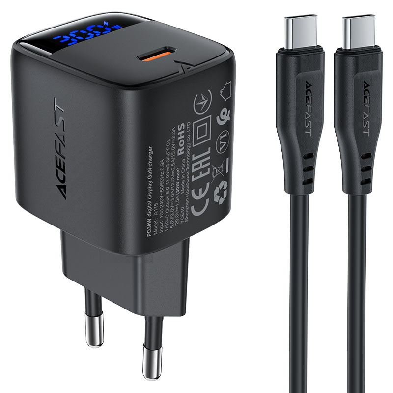 סט טעינה הכולל ראש מטען מהיר USB-C וכבל USB-C ל-USB-C, טעינת PD30W מהירה, שחור