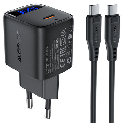 סט טעינה הכולל ראש מטען מהיר USB-C וכבל USB-C ל-USB-C, טעינת PD30W מהירה, שחור