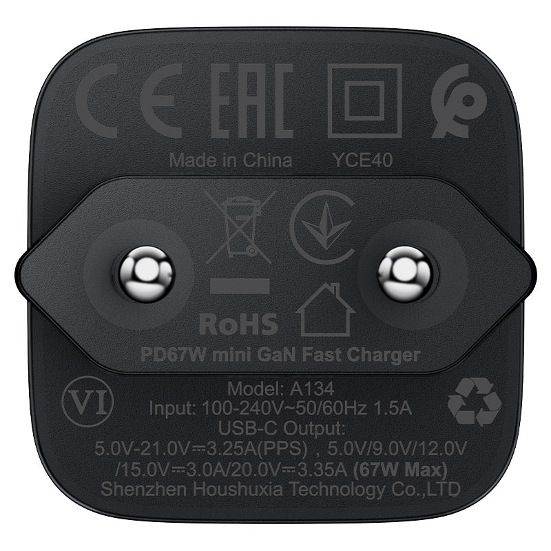 ראש מטען מהיר טייפ סי rta ACEFAST A134 PD67W GaN – הספק עוצמתי 67W בטכנולוגיית GaN דור 3 ותמיכה ב-MI Turbo Charge