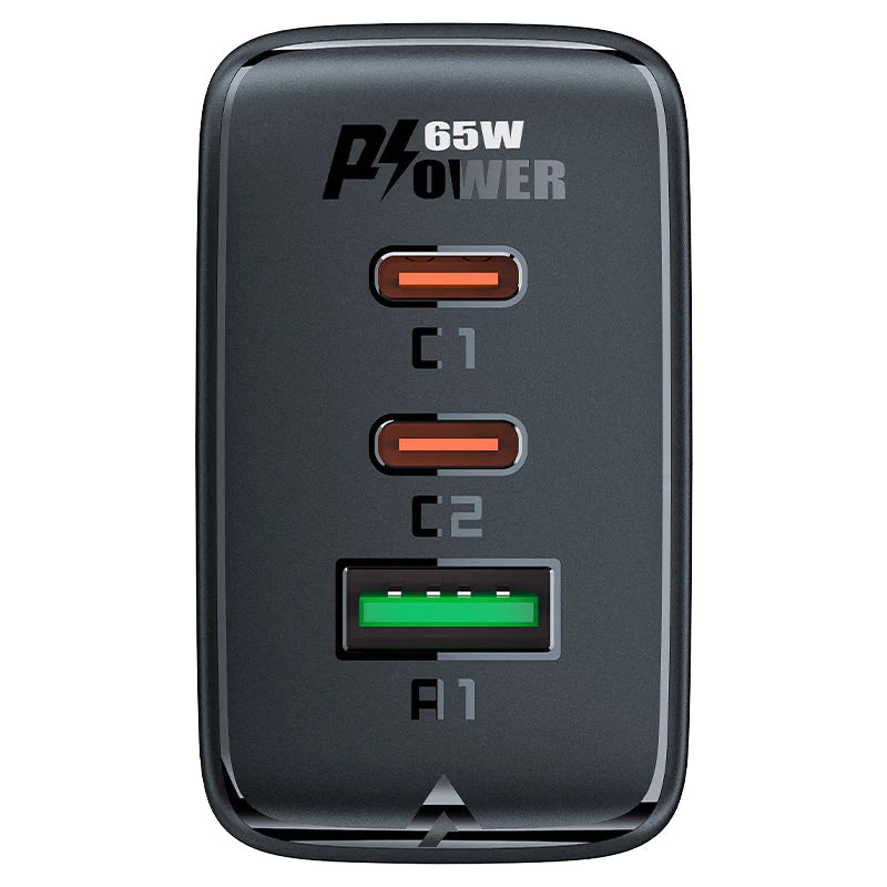 מטען קיר טעינה מהירה A41 PD65W GaN, יציאות 2xUSB-C + USB-A, שחור