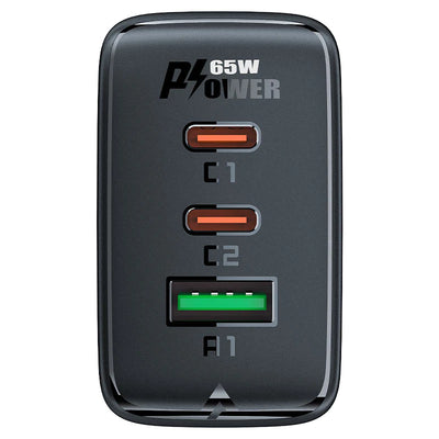 מטען קיר טעינה מהירה A41 PD65W GaN, יציאות 2xUSB-C + USB-A, שחור