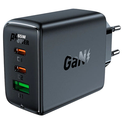 מטען קיר טעינה מהירה A41 PD65W GaN, יציאות 2xUSB-C + USB-A, שחור