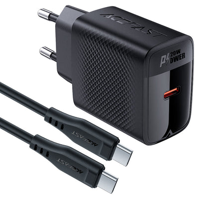 סט טעינה הכולל ראש מטען מהיר USB-C וכבל USB-C, טעינת PD20W מהירה, שחור