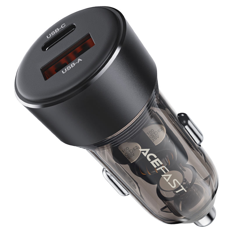 מטען מהיר לרכב, חיבור כפול (USB-A ו-USB-C), עיצוב מינימליסטי
